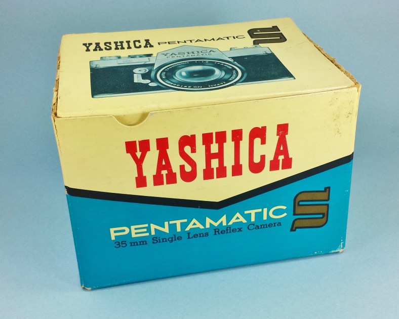 Not often seen Yashica Pentamatic S original box fromound 1961. This box features an actual image (photograph) of a "S" body and lens on the box lid. The lens is from an early release (serial number is from 1959) series more likely found on the original Pentamatic released in mid 1960. The box came to me from Tokyo and is now part of my collection. It does need some restoration work done on the flaps and the hinge area of the lid... otherwise it's in pretty good condition overall.