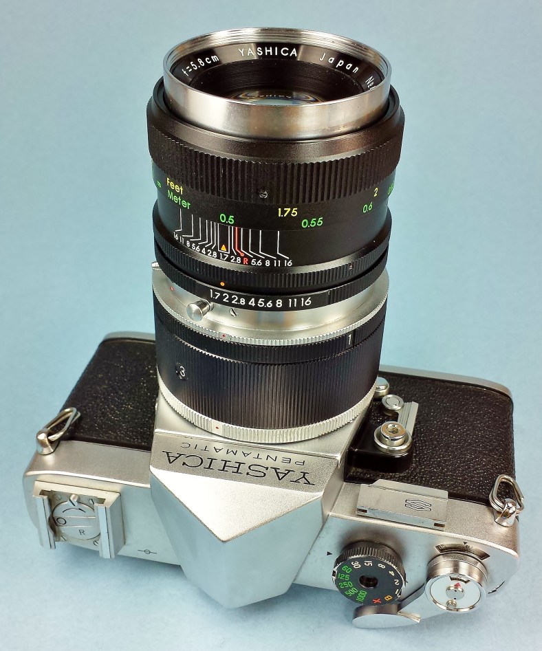 Pentamatic Extension Tubes mounted on my Model-S Pentamatic camera body and Auto-Yashinon 5.8 cm (58 mm) f/1.7 standard lens. The lens is super bright and is super heavy! Camera and lens weigh-in at 2 lbs 5 oz (1056 g)!