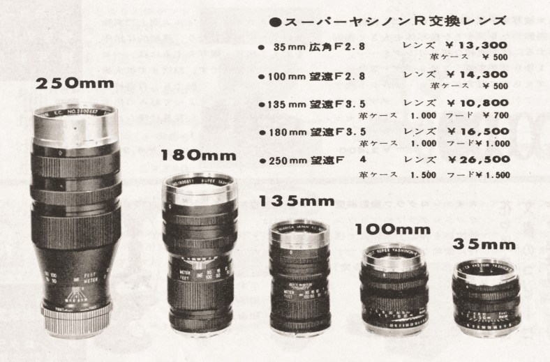A very complete listing of the lenses available (and prices) for the Pentamatic series from late 1960 or very early 1961. These lenses were built for Yashica by Tomioka Optical at their Tokyo factory.